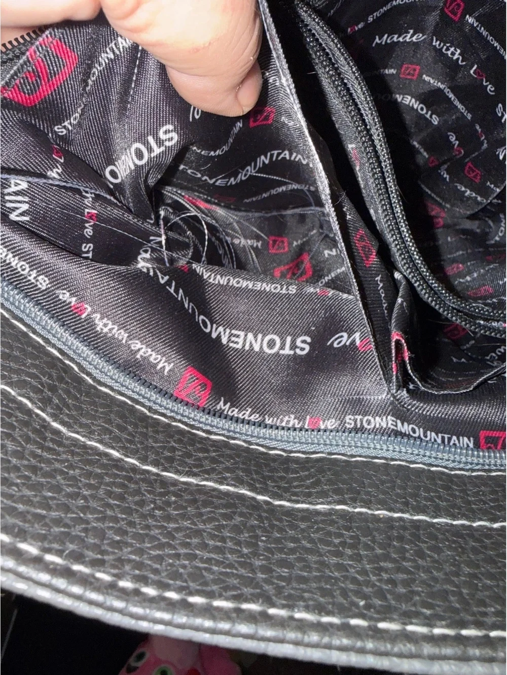 Stone Mountain Black and Gray Leather Tote Bag with White Stripe